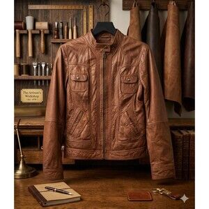 Women's Cognac Brown  Soft Genuine Leather Moto Style Full Zip Jacket Size M